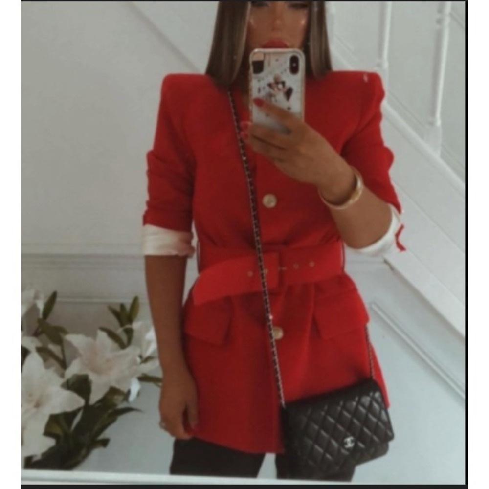 NWT Zara Red Belted Blazer Jacket Gold Button Chic Old Money Statement Blazer M